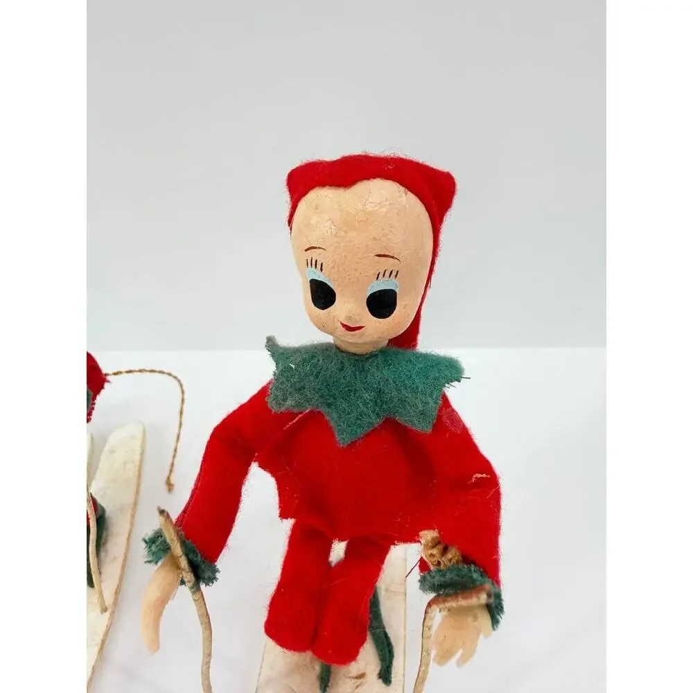 Vintage Christmas Elf Pixie Skier Dolls Plastic Felt Ski Holiday Decor Set
